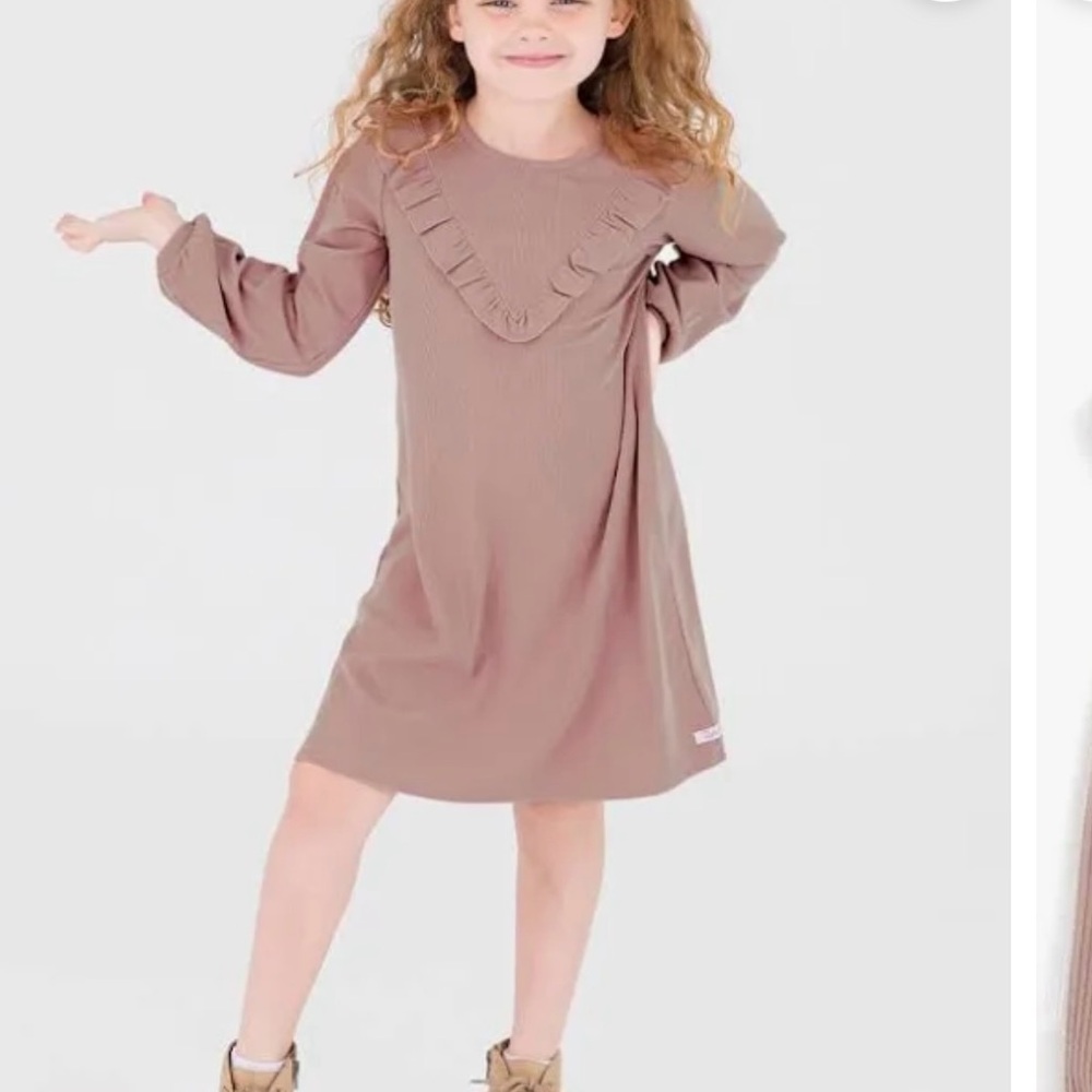 RuffleButts Rib Knit Long Sleeve V-Ruffle Dress